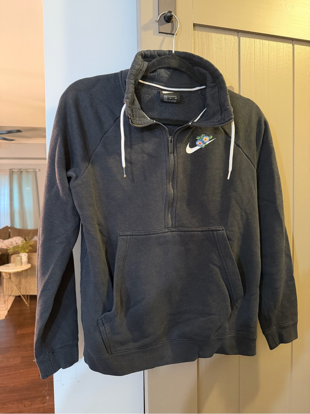 Nike Black Half-Zip Fleece Hoodie with Embroidered Floral Swoosh
